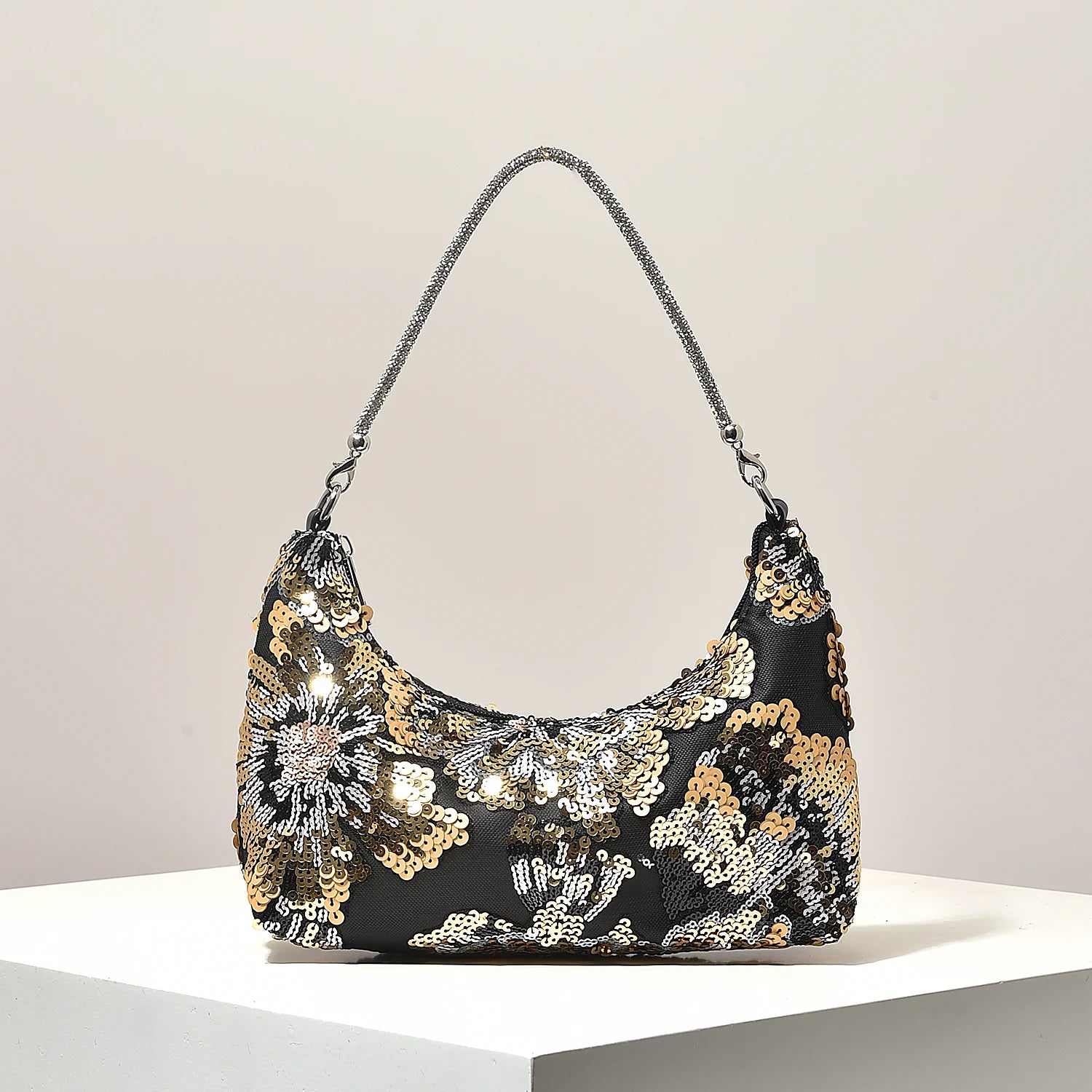 Shoulder bag with gold and silver floral sequin embroidery on black fabric; beaded chain strap, Simples Market