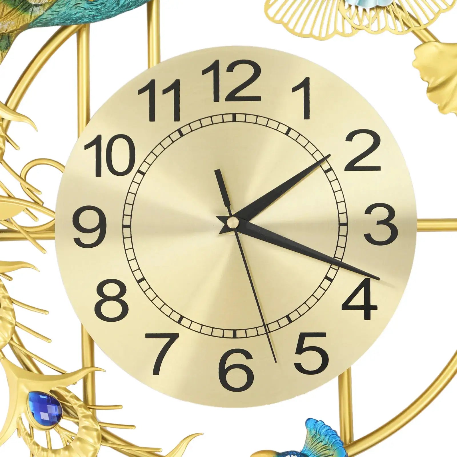 Peacock wall clock, large gold design with blue rhinestones; decorative resin and iron art, silent quartz