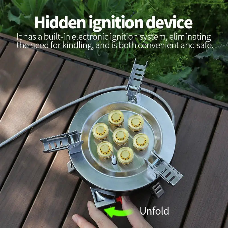Portable folding gas stove for outdoor use; seven-burner seven-star stove in metal body