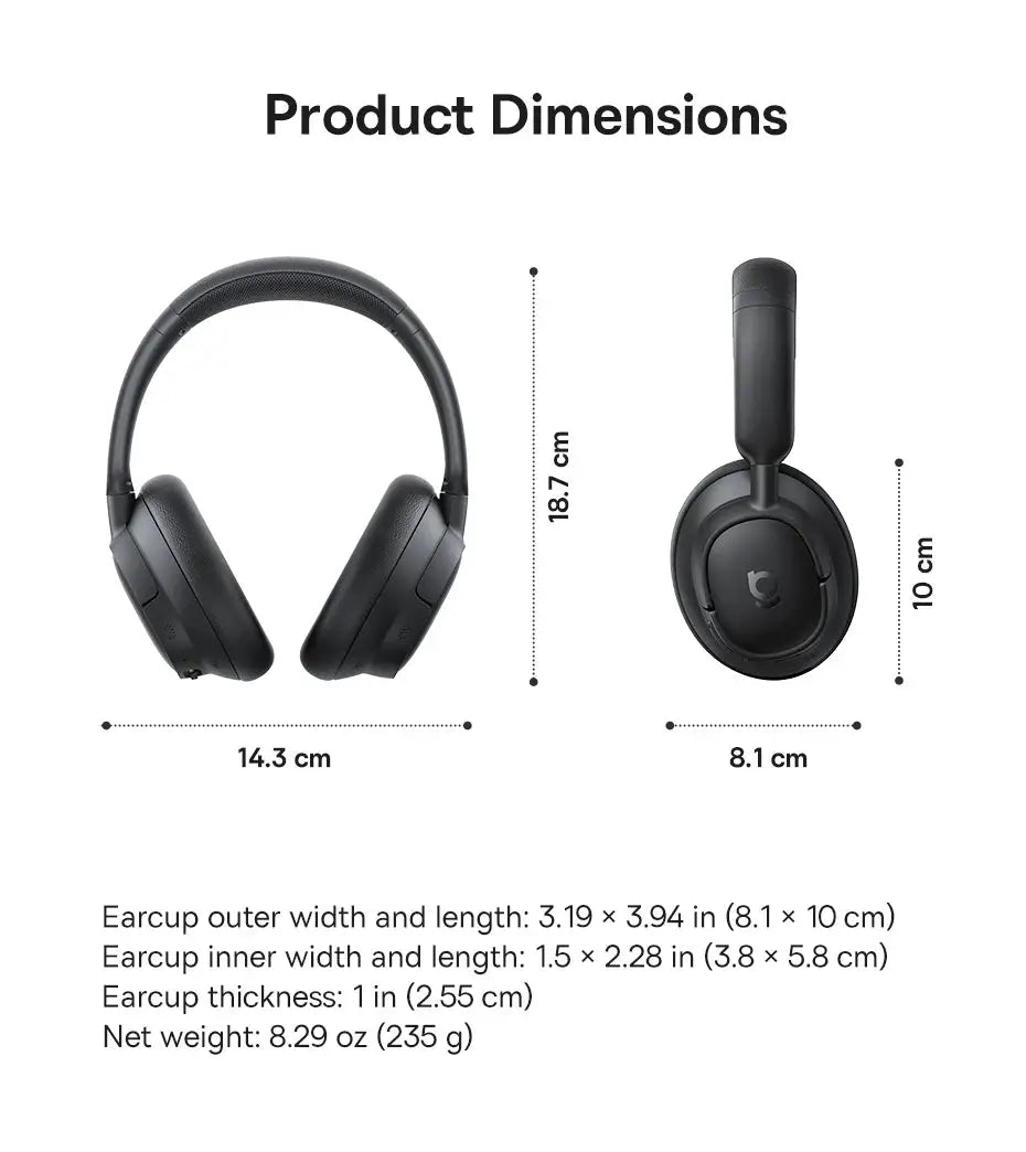 Baseus EH10 NC wireless over-ear headphones in black with dimension diagram (18.7 cm tall, 14.3 cm wide)