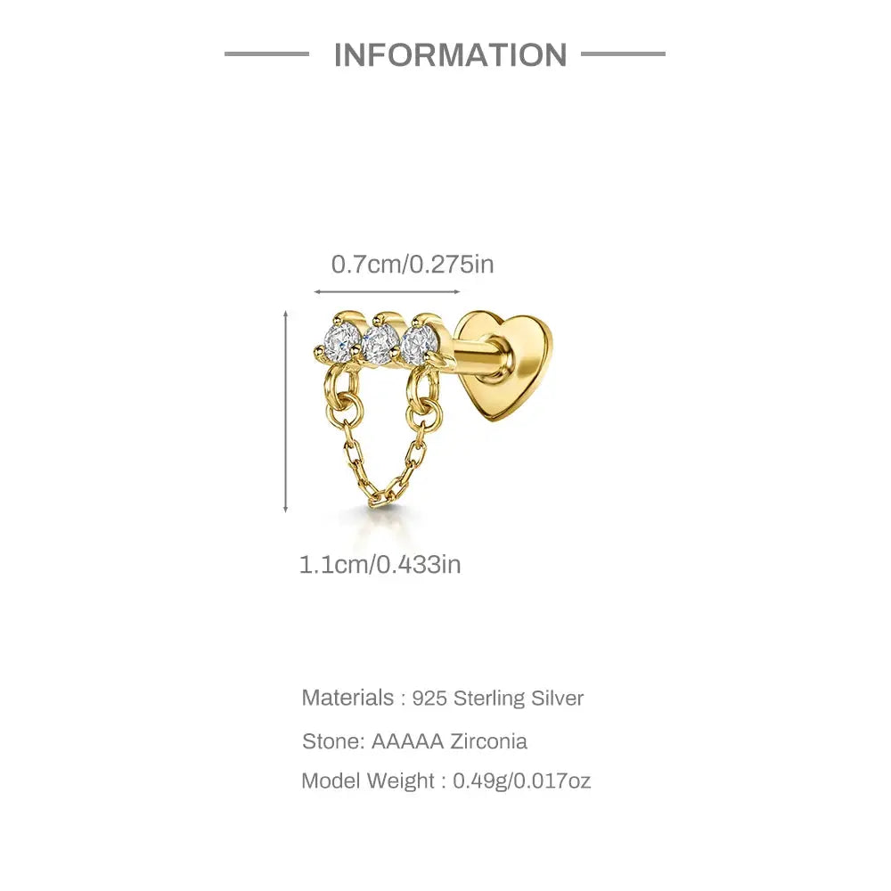 AIDE heart-shaped gold-tone helix piercing earring with three zircon stones and dainty chain