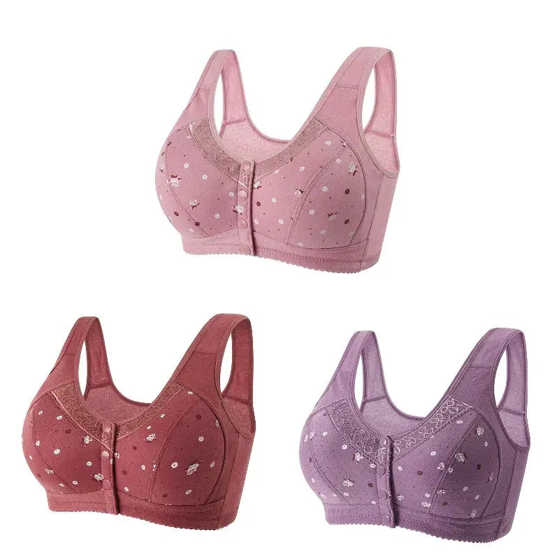 Simples Market FallSweet 3Pcs front-closure bra set; pink, red, lavender lace wireless bralettes
