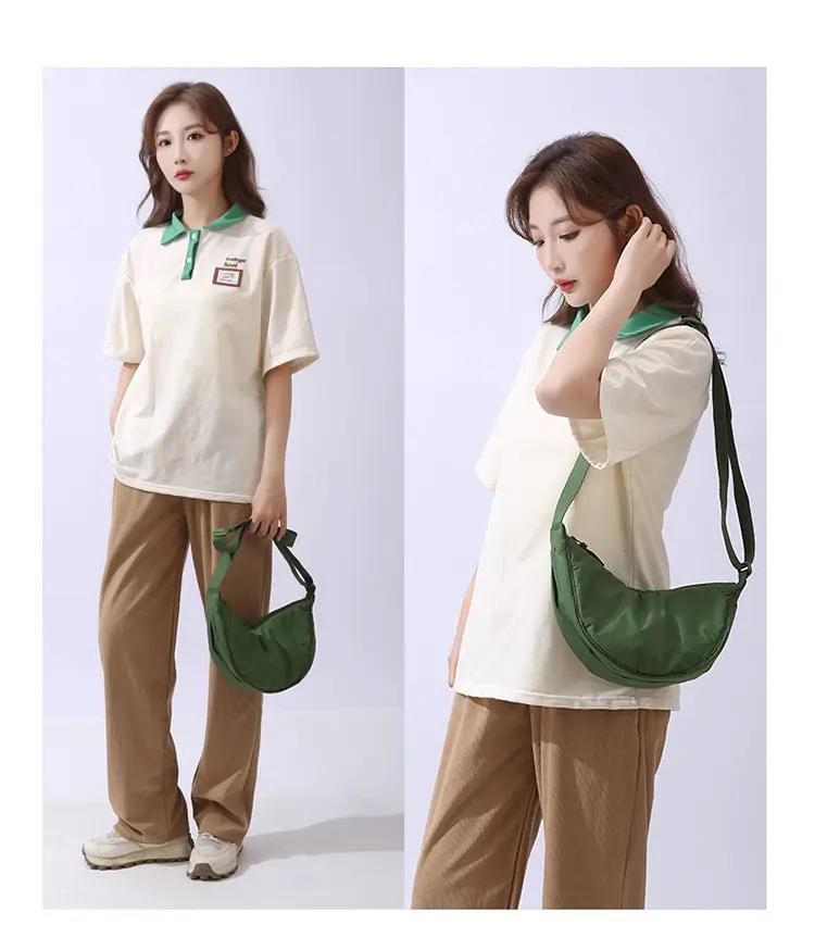 Women's green nylon padded crossbody shoulder bag, two-view presentation