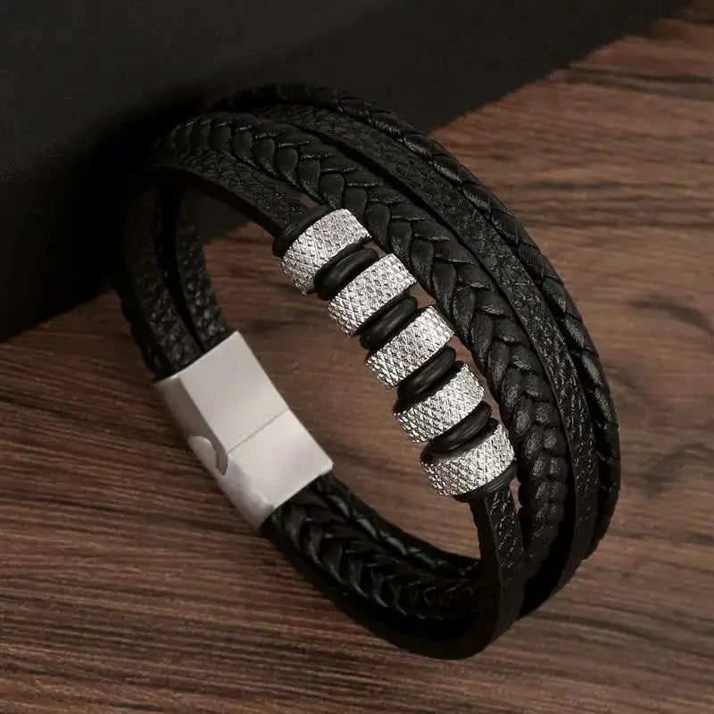 Classic Mens Leather Bracelet Hand Woven Multi Layer Style Fashion Jewelry For Men Durable Casual Accessory