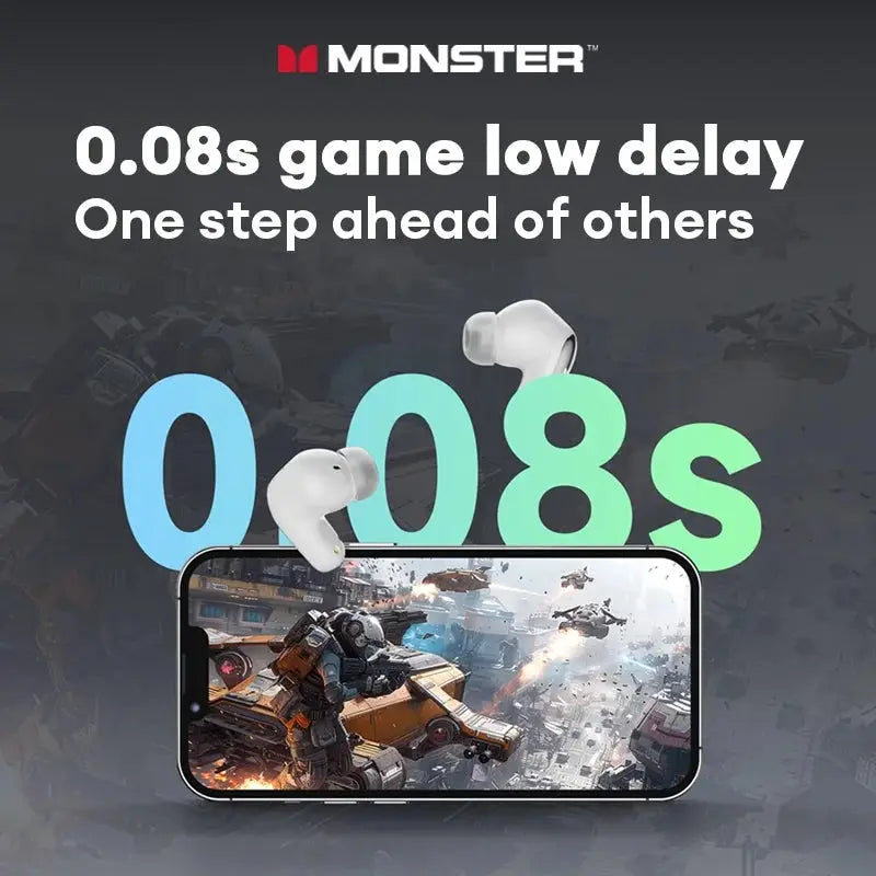 Monster MQT52 TWS wireless gaming earbuds, white pair, phone screen shows action game