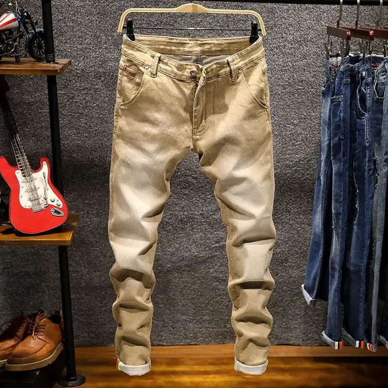 American elastic straight jeans for men, tan cotton denim with five pockets