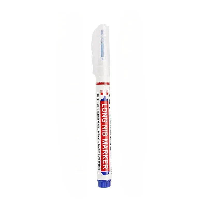 White long-nib marker pen with blue end cap and red LONG NIB MARKER label