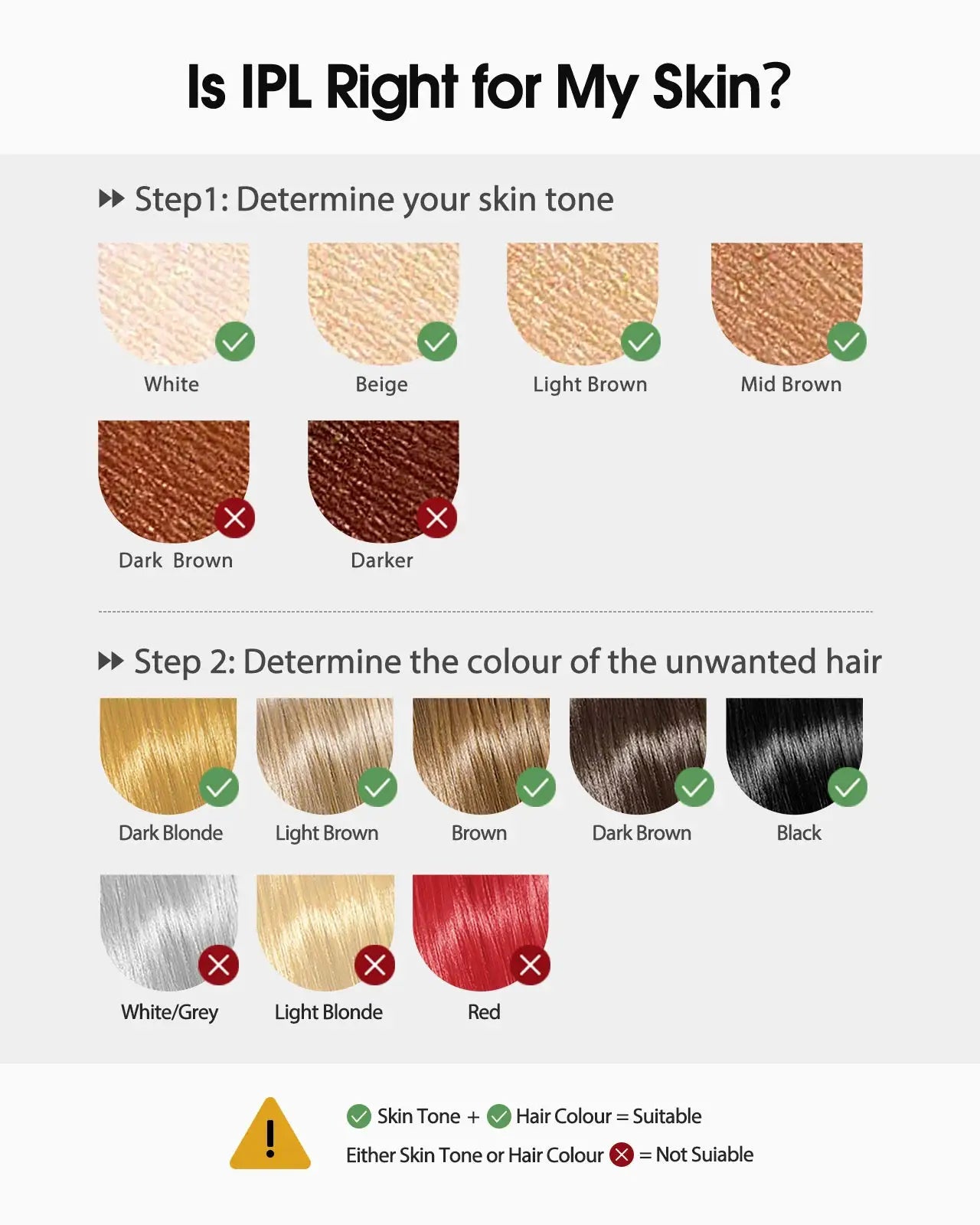 IPL Hair Removal Device by Simples Market interface showing skin tone and hair color swatches