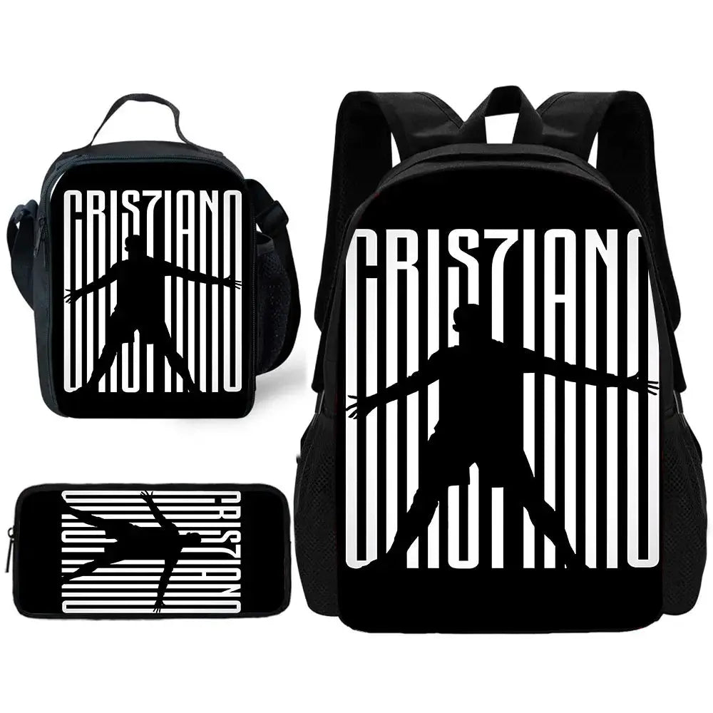 CR7 Ronaldo kids backpack set with lunch bag and pencil bag, black and white barcode design (3-piece)