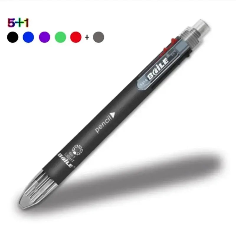 6-in-1 multicolor ballpoint pen by Simples Market with 5 ink colors and eraser pencil, black body