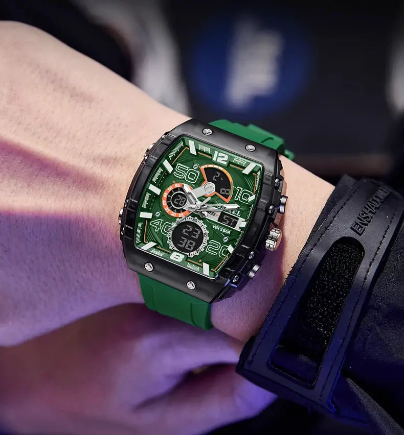 SMAEL 8109 men's square dual-display sport watch with green dial and green silicone strap