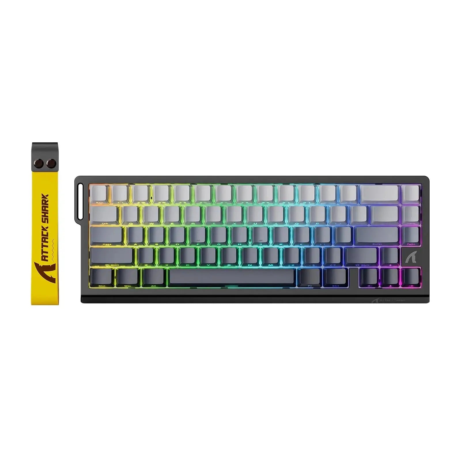 Attack Shark X68 HE 60% wired mechanical keyboard with adjustable actuation; rainbow RGB, 2-piece set with yellow tool.