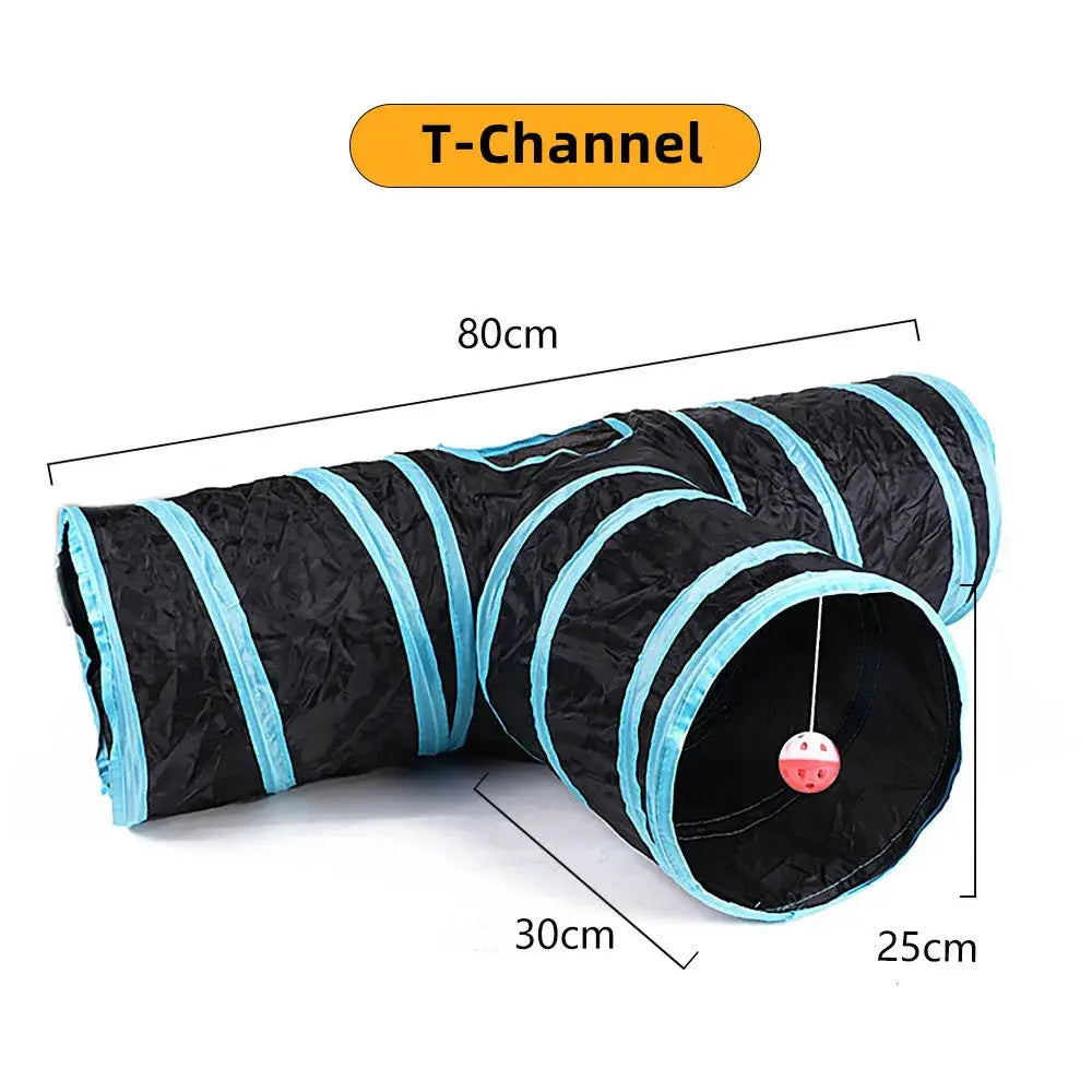 Cat tunnel by Simples Market; black foldable 80cm tunnel with blue trim and hanging ball toy.