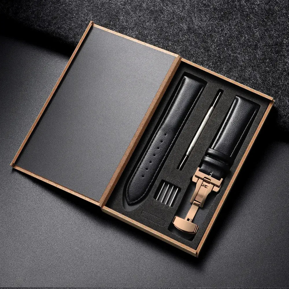 Genuine Leather Watchband 14 16 18 20 22 24mm With Automatic Butterfly Buckle For Men And Women Gift Box