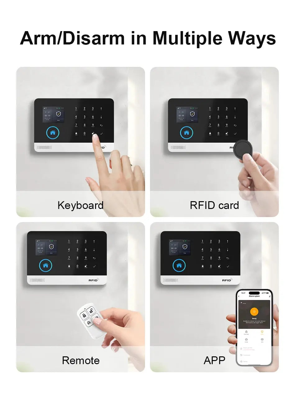 PGST wireless home security alarm system by Simples Market; black touchscreen keypad with blue home icon on white base