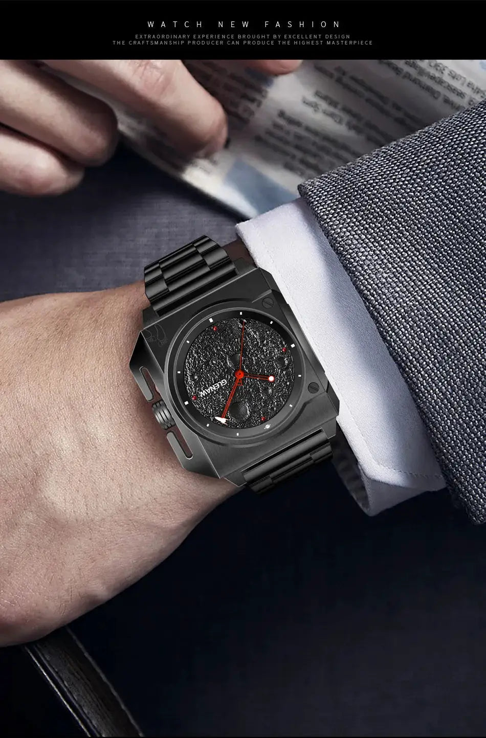 Men's GLENAW stainless steel mechanical watch with a black textured dial and red hands.