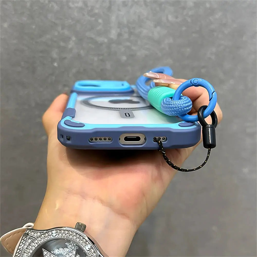Simples Market Armor Candy Color Clash MagSafe iPhone case with blue bumper and wrist strap
