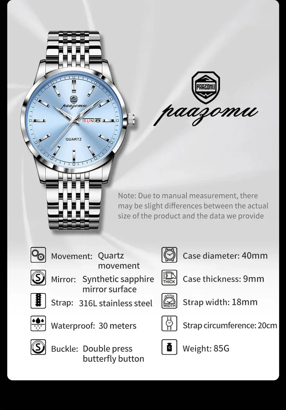 PAAZOMU men's stainless steel watch, light blue dial, quartz movement, 30m waterproof, date, with box