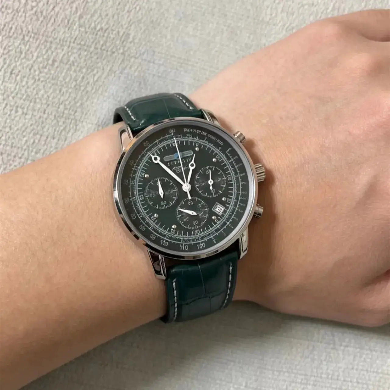 Simples Market men's chronograph watch with dark green dial and green leather strap, silver case
