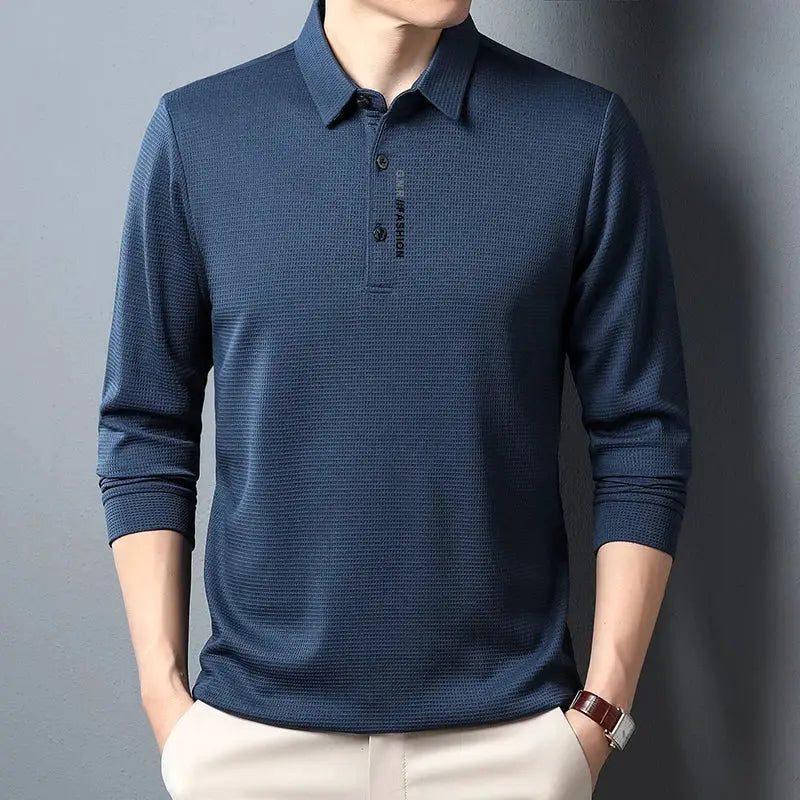 Men's waffle knit polo shirt with long sleeves in navy blue by Simples Market
