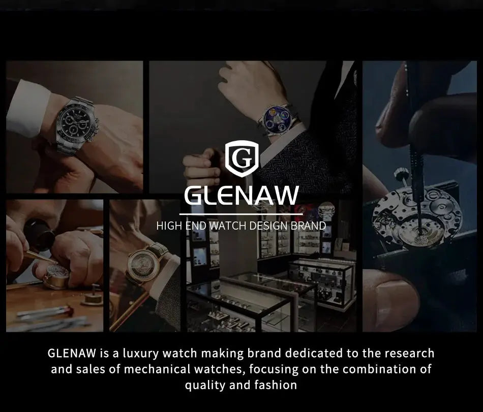Glenaw men's mechanical wristwatch with stainless steel case and moon dial