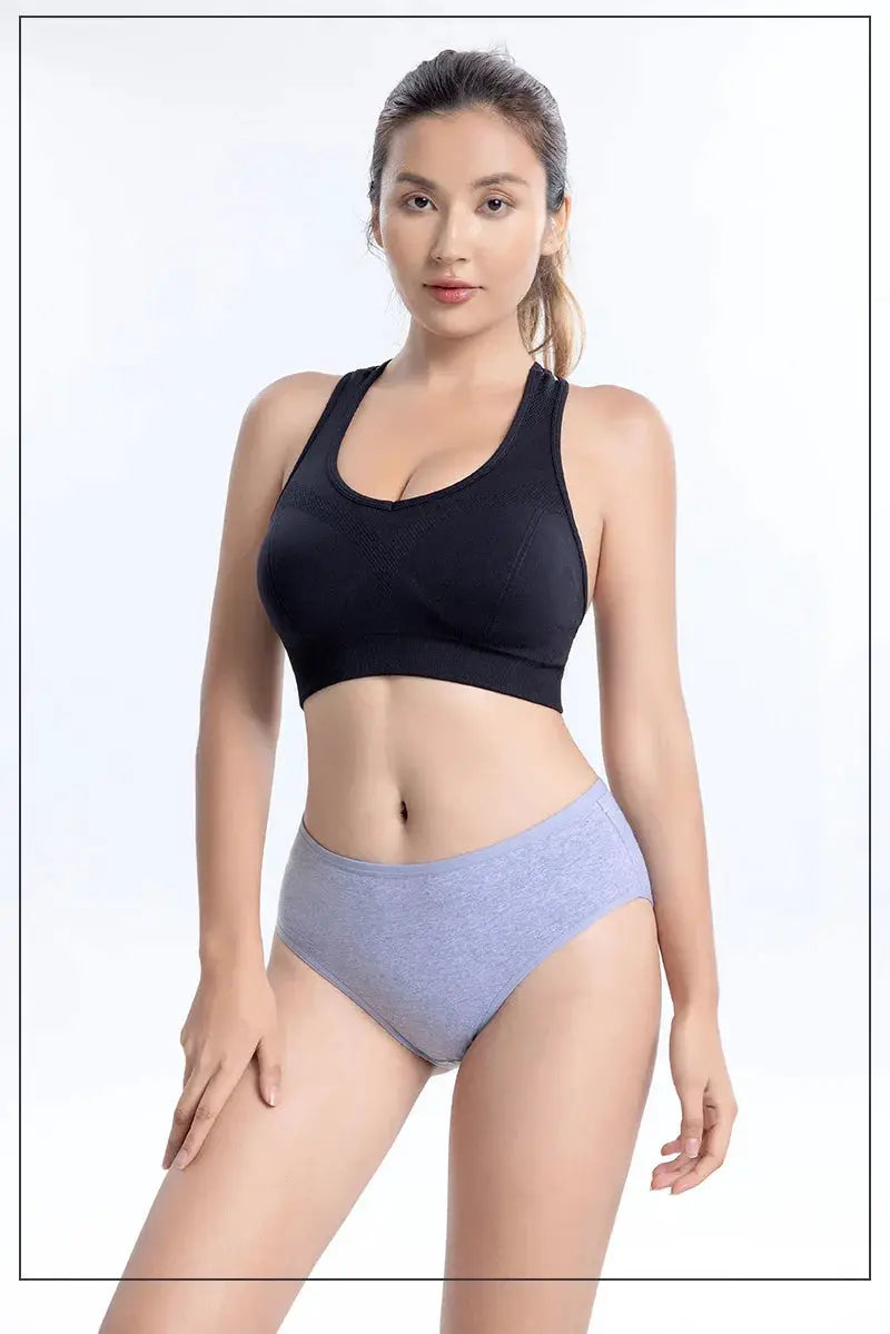 Women seamless cotton underwear set; black bra and gray briefs shown on model