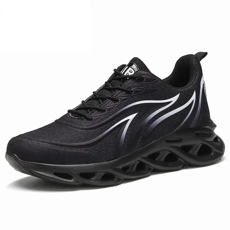 Social Shoe men's black mesh running shoe by Simples Market with silver side stripes and sculpted outsole