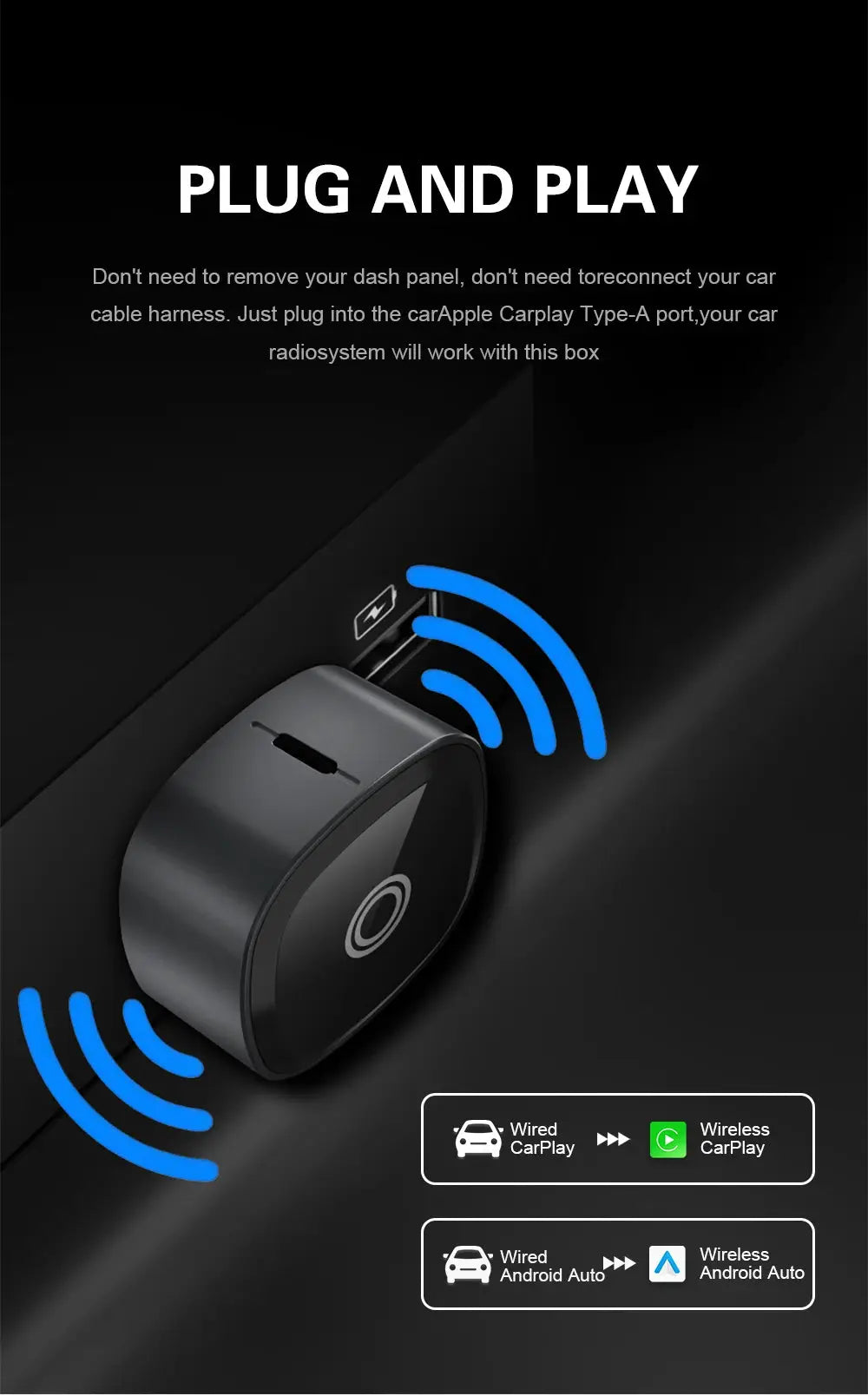 XUDA 2in1 Wireless CarPlay Adapter by Simples Market, black circular dongle with wireless signal arcs