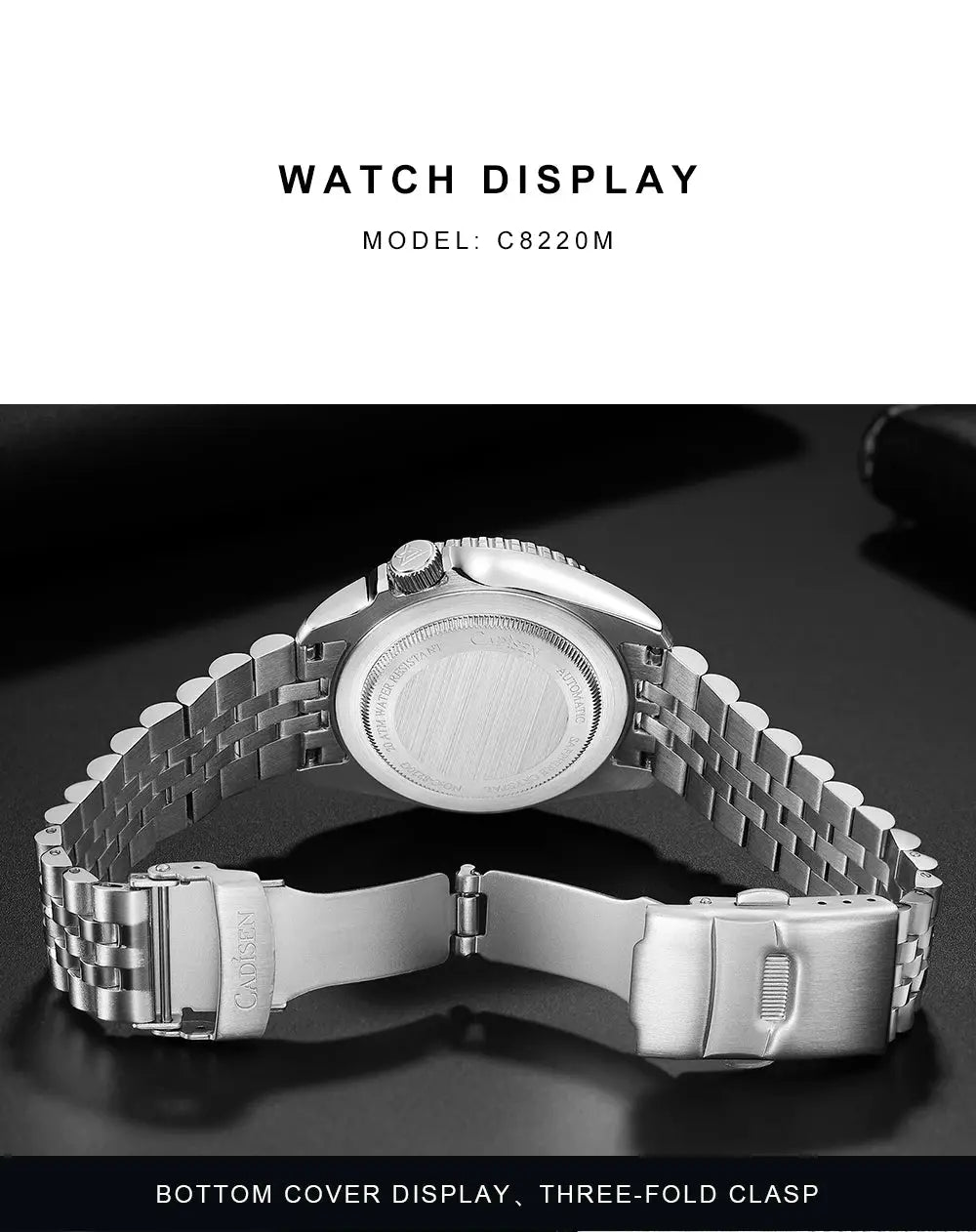 CADISEN men's stainless steel automatic wristwatch with a three-fold deployment clasp