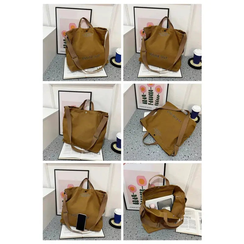 Brown canvas cross-body bag with top handles and long adjustable strap; large capacity