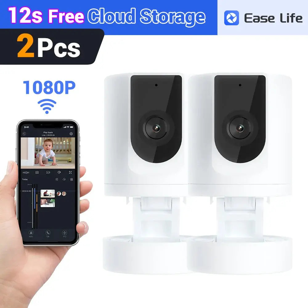 Indoor security cameras set by Simples Market; two white units with black lenses shown with mobile app control.