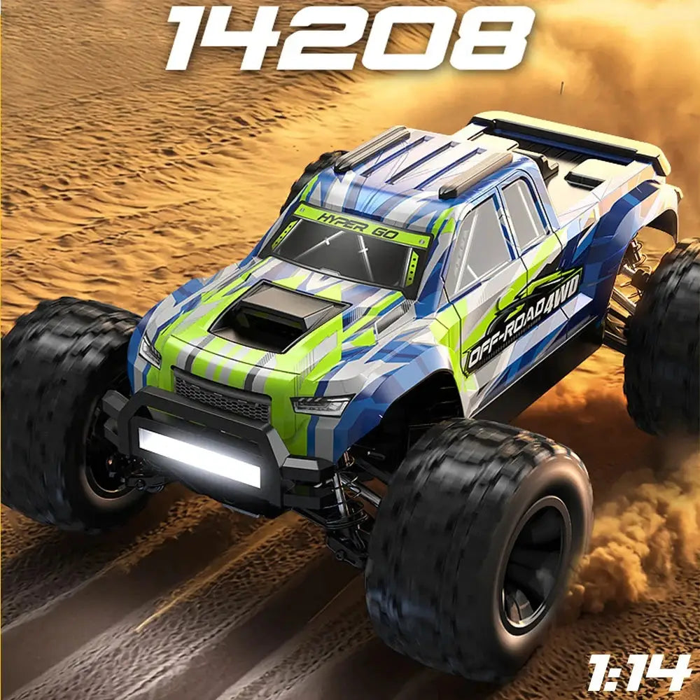 HYPER GO MJX 1/14 RC car by Simples Market, blue-green camo finish, 4WD brushless off-road truck.