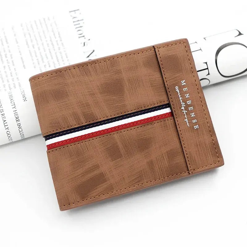 Simples Market Luxury Slim Short Men's Wallet in brown PU leather with coin pocket and red-white-blue stripe