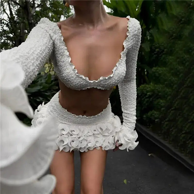 Shestyle White Autumn Two Piece Set Ruffles Crop Top And Sheath Skirt