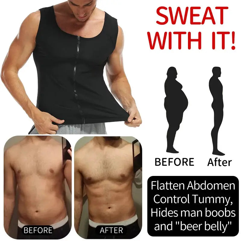 Men's black abdomen reducer body shaper sauna vest with front zipper; three views including before and after torso photos.