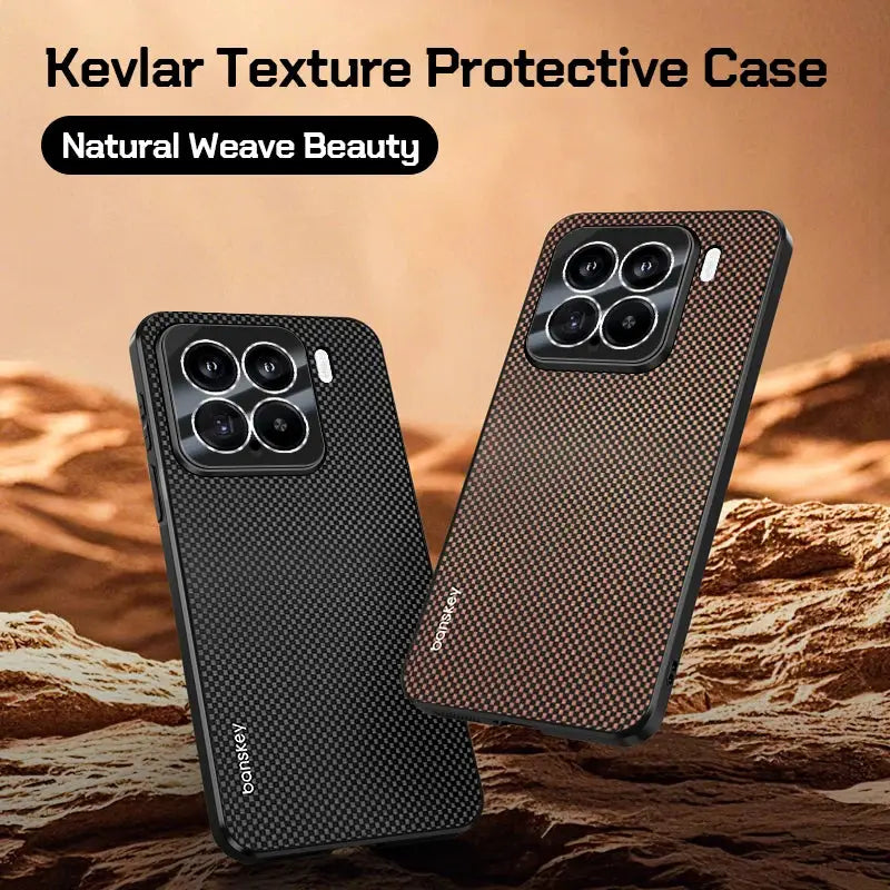 Two Kevlar-textured protective phone cases for Xiaomi Mi 15T/14T Pro/17 Pro Max, black and brown, shockproof camera bumper.