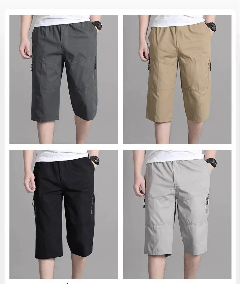 Men's cargo cotton shorts with zip pockets, knee-length; by Simples Market in 4 colors: gray, tan, black, light gray.