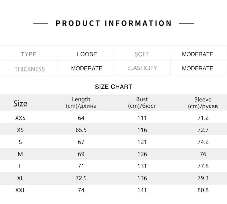 Semir down jacket size chart with type options, moderate thickness and elasticity, and XS–XXL length, bust, and sleeve measurements.