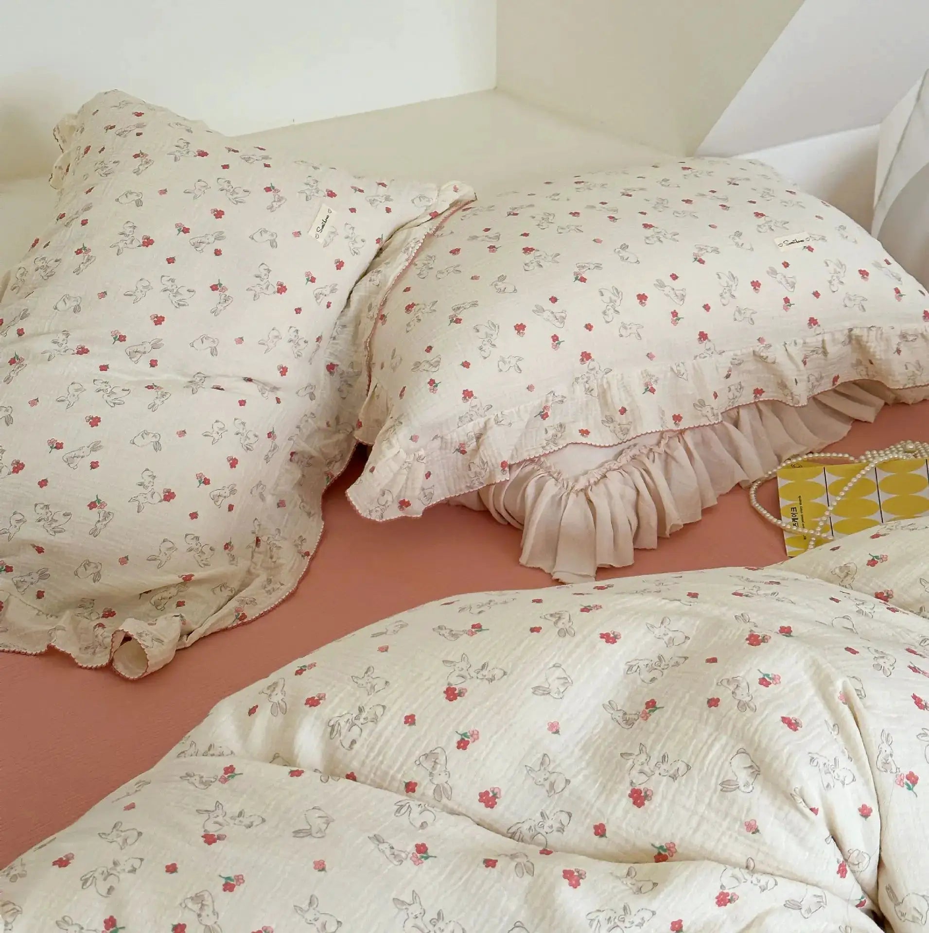INS Princess Gauze Cotton 3pc Bedding Set by Simples Market, cream floral with ruffle edges