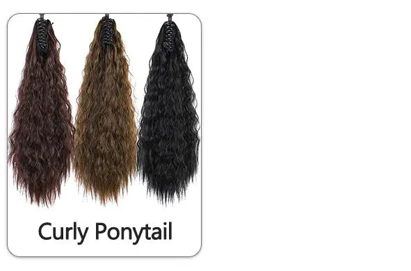Synthetic Kanekalon curly crochet hair ponytails, 3-pack in burgundy, light brown, and black.