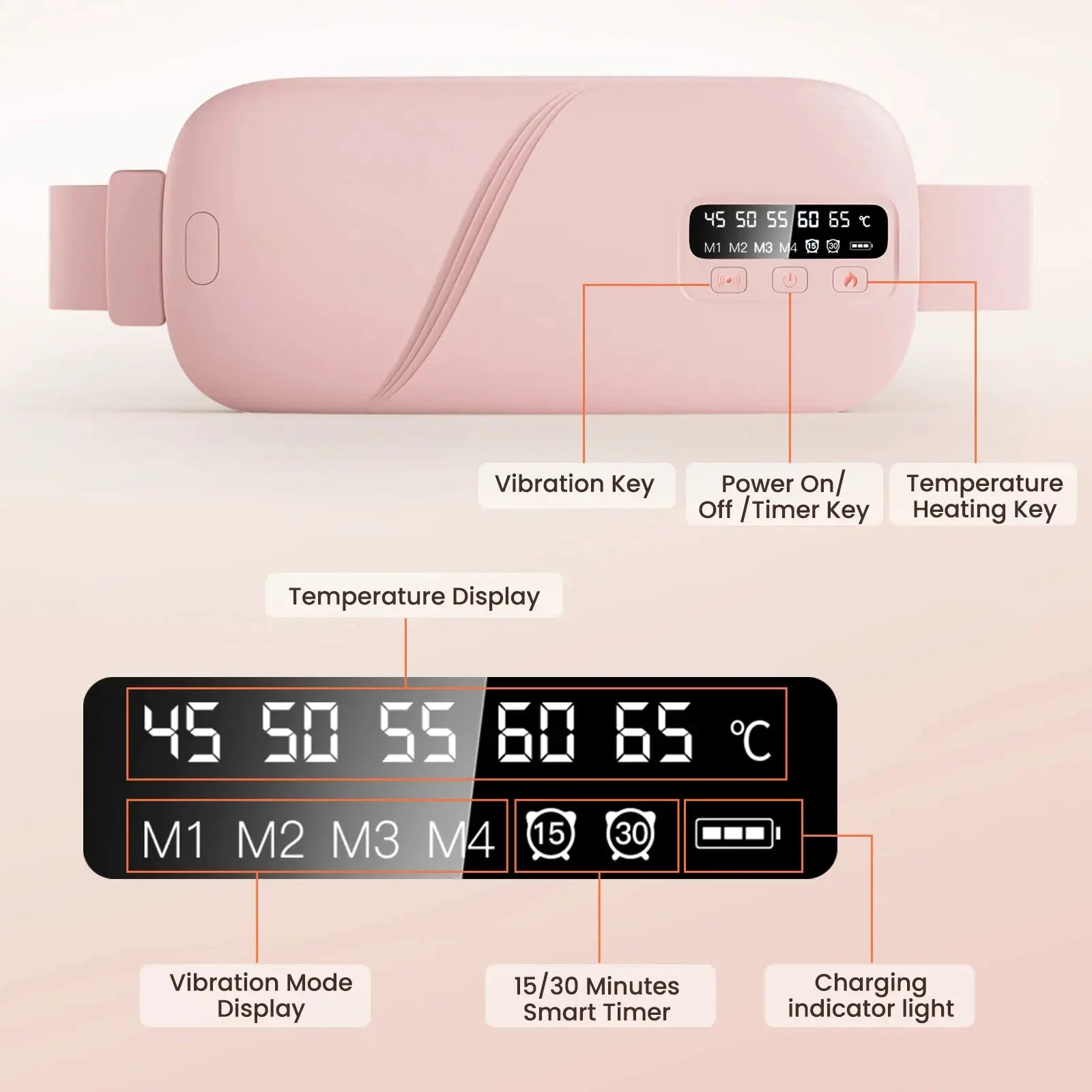 Simples Market pink waist massage belt with 5 vibration modes and heating, featuring temperature display