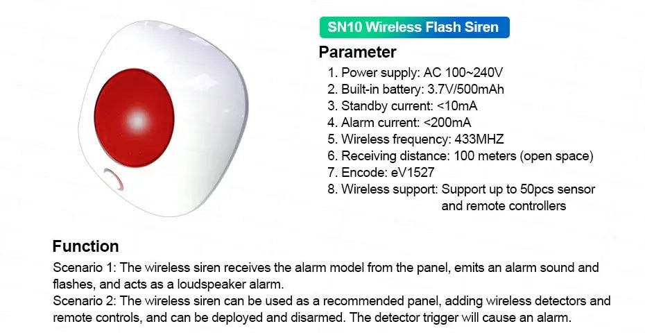 SN10 Wireless Flash Siren, white housing with red LED lens
