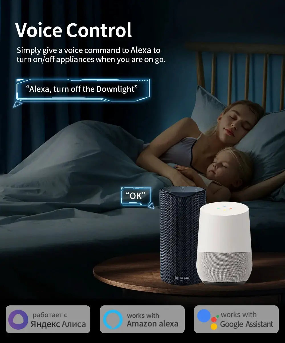 TNCE TUYA EU Plug smart socket advertisement with voice control icons near Amazon Echo speakers