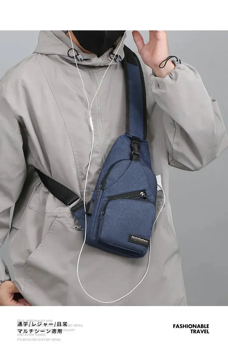 Men's blue canvas chest bag by Simples Market with front zip pocket and crossbody strap