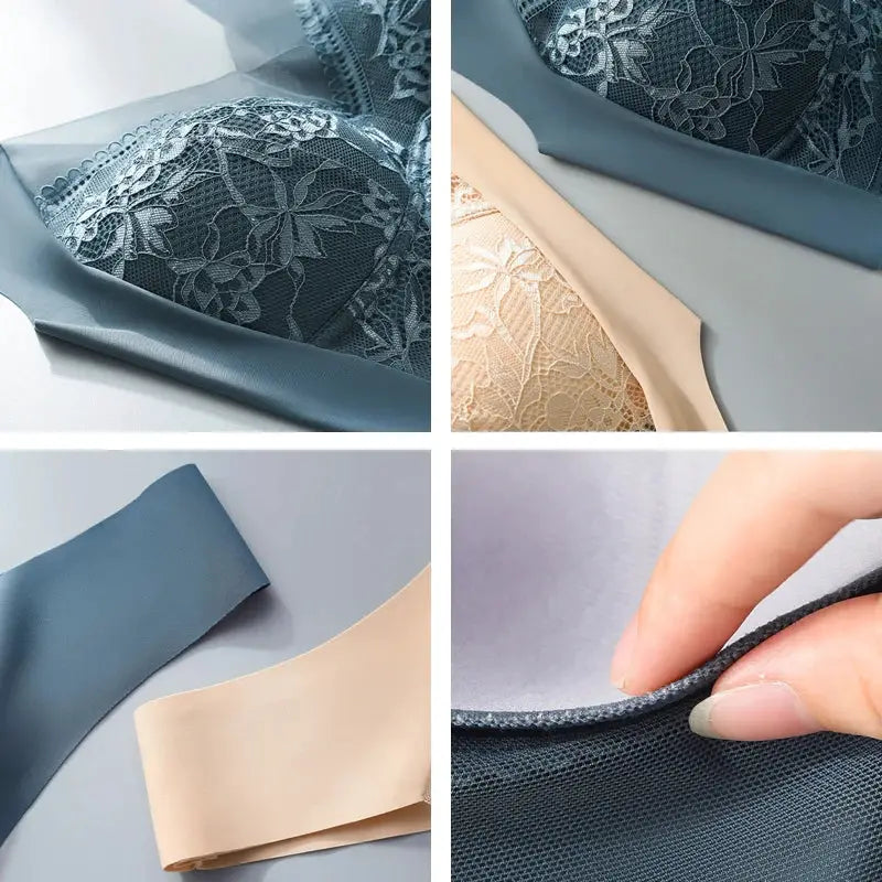 FallSweet seamless ice silk push-up bra, wireless lace bralette in blue-gray and nude with soft straps.