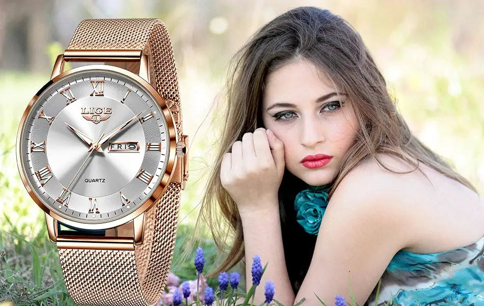 LIGE women's luxury quartz watch with rose-gold mesh strap and silver dial; watch and woman in a field