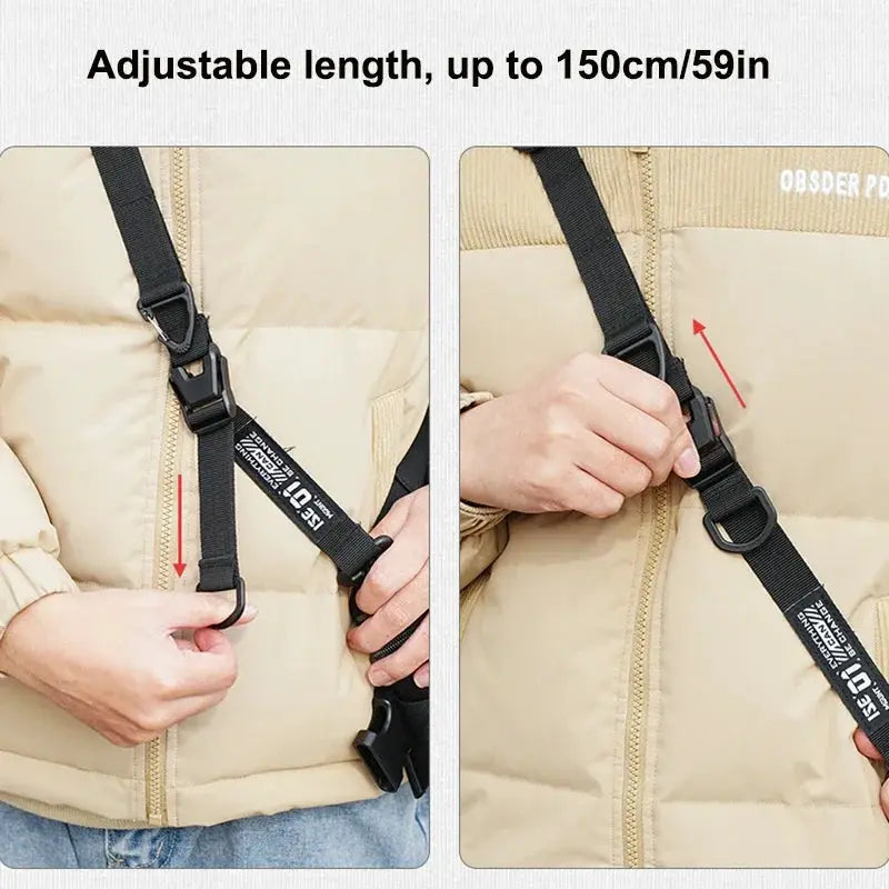 Black adjustable crossbody strap for backpacks; nylon webbing with quick-release buckle, length up to 150 cm.