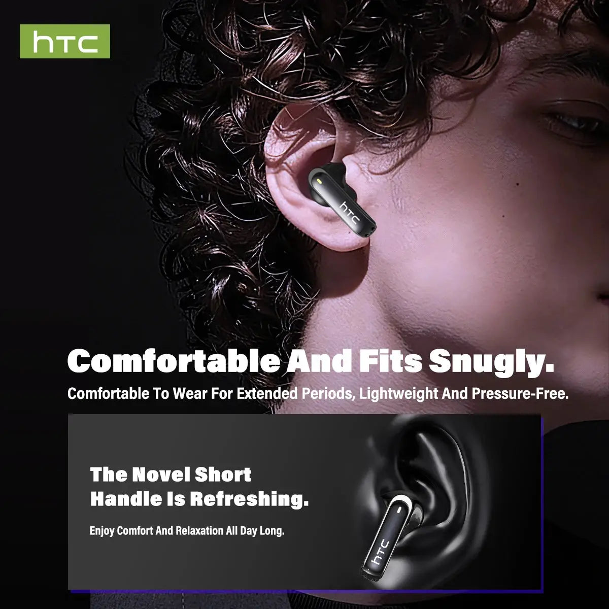HTC NE70 wireless earbuds worn in ear; compact black design with visible HTC logo.
