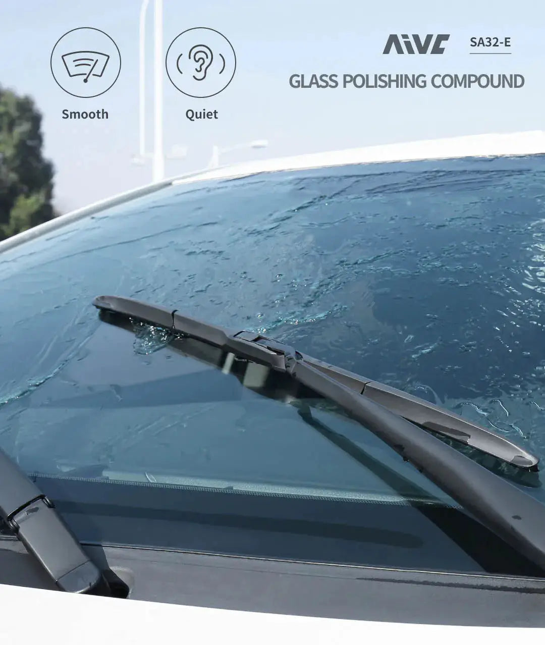 Glass polishing compound for car windshield; label GLASS POLISHING COMPOUND visible over a car with wipers.