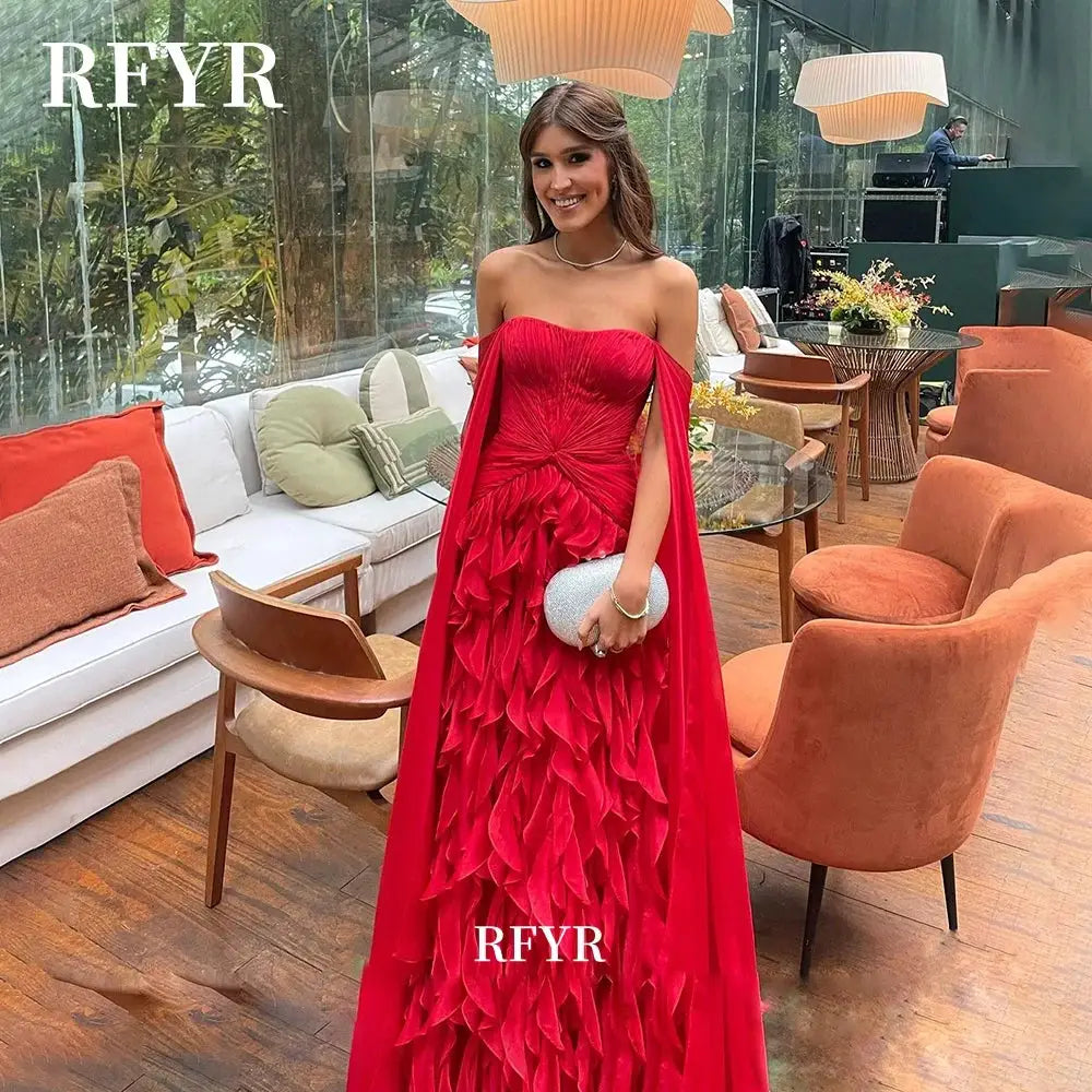 Ruffles Prom Dress Chiffon A Line Evening Gown With Detachable Shawl